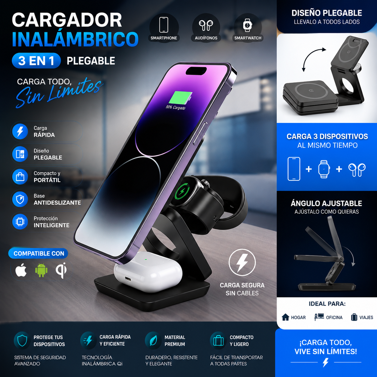🔋⚡ Cargador Inalámbrico 3 en 1 Plegable